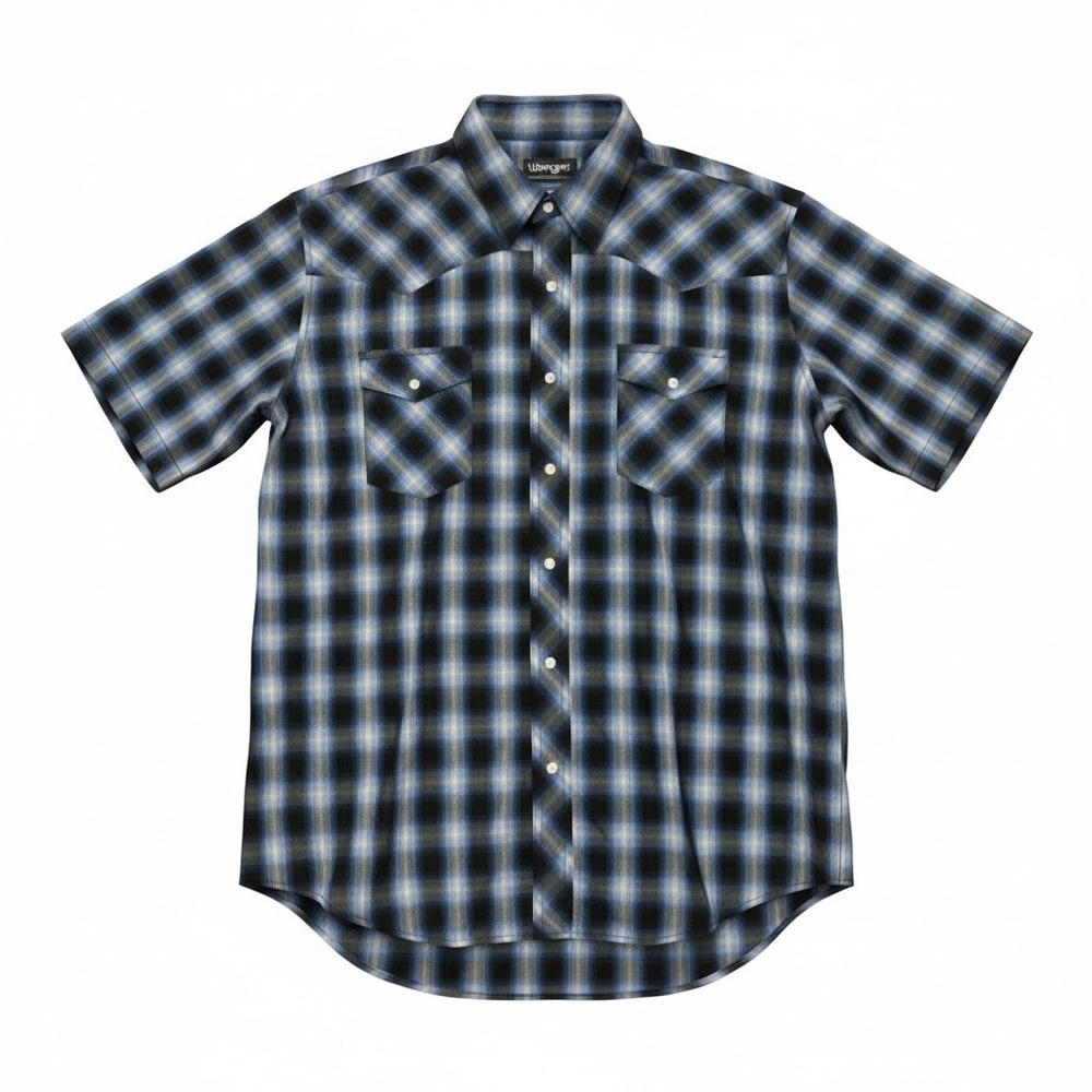 Wrangler Western Shirt Mens 2XL Blue Black Plaid Pearl Snap Short Sleeve Shirt